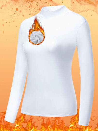 1 Pc - Women's Turtleneck White Thermal Top | Thermal Lined, Warm & Cozy | Slim-Fit Base Layer For Autumn/Winter Home Lounging & Outdoor Layering, Warming