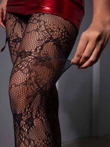 ICON 1 Pair Women Cute, Sexy Lace, Textured Sensual Lace Jacquard Vine Patterned Fishnet Stockings, Suitable For Casual Or Party Valentines - màu đen - Xem 4
