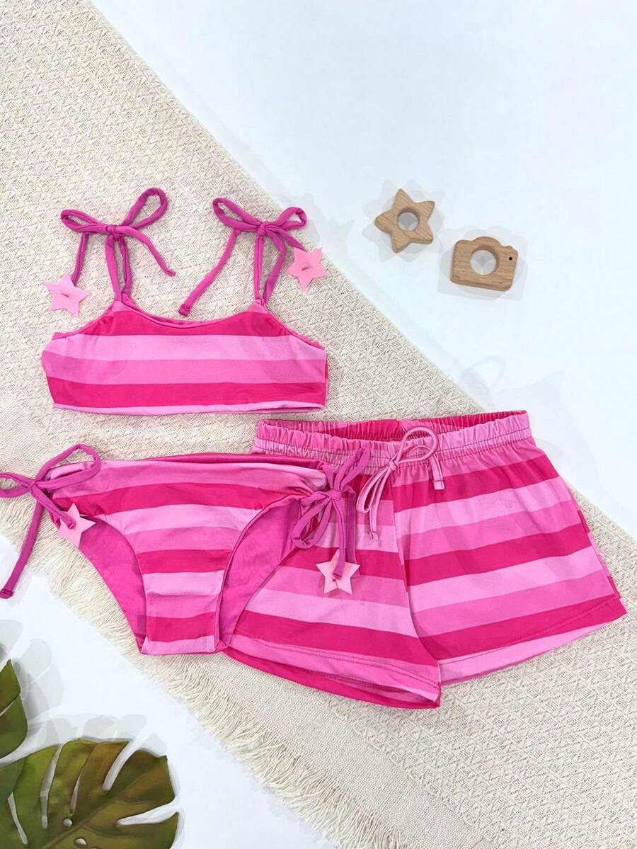 Double-Sided Bikini Kit + Shorts For Girls, UV Sun Protection, Children's Beach - 粉紅色條紋 - 查看 1