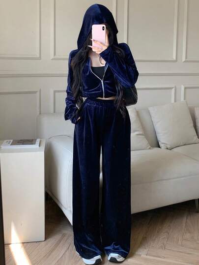 abyoxi Ensemble 2 pièces en velours bleu marine pour femmes, comprenant un Top court zippé à capuche et un pantalon large. Tenue de mode automne-hiver, idéale pour le travail et les déplacements. Chaud et confortable.