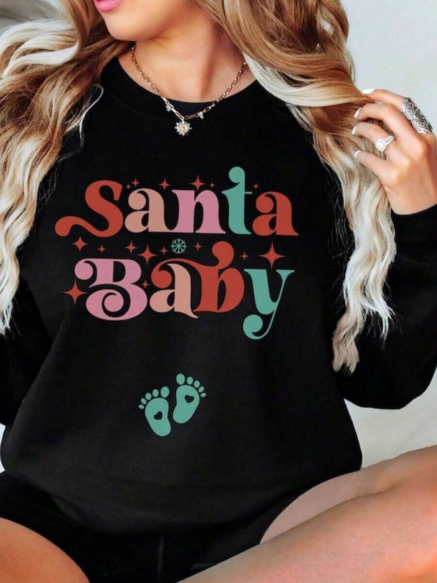 Christmas Pregnancy Announcement Sweatshirt, Pregnancy Reveal Sweater, Santa Shirt, Christmas Maternity Pullover, Reveal Tee ,Fall Hoodies,Men's Fall Clothes,Street Wear,Halloween,Mens Hoodies,Y2k Clothes,Jesus Hoodie,Thanksgiving Day,Nightmare Before Christmas,Christmas - 黑色 - 查看 1