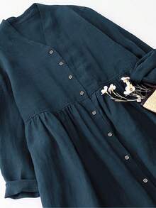 Women's V-Neck Open Front Casual Loose Plus Size Dress, Elegant Autumn/Spring - Teal Blue - View 3