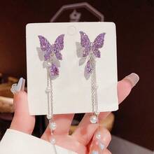 1 Pair Of Fairy Sweet Butterfly Earrings High-End Socialite Style Long Tassel Face-Slimming Earrings - Màu tím - Xem 1