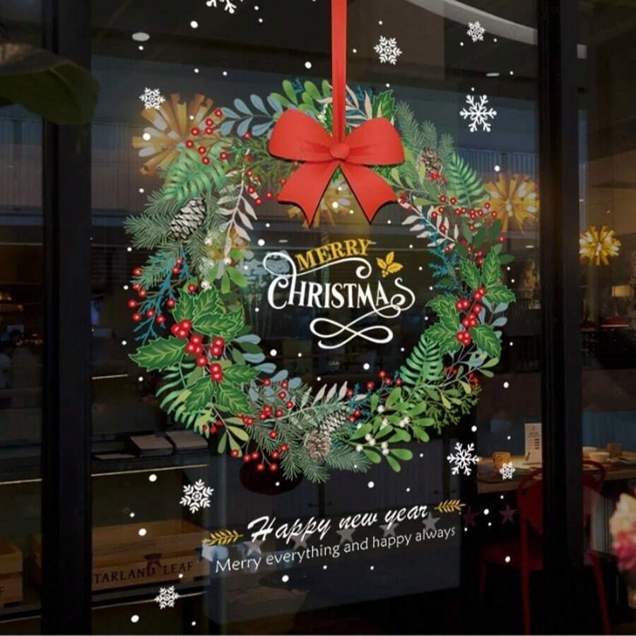 Calcomanía de corona de Navidad para decoración de ventanas y puertas de vidrio - Película PVC electrostática estacional, decoración de escena festiva sin adhesivo, de fácil aplicación y remoción, acento festivo versátil para el hogar