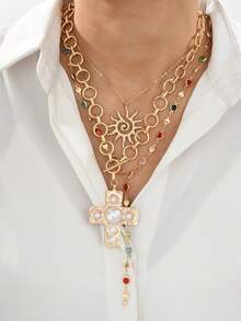 4/3/1 Set Fashion Sexy Exaggerated Vintage Cross, Starfish, Floral, Colorful Faux Pearl, Crystal Geometric Pattern Copper Necklace Set For Women, Beach, Date, Party, Gifts, Daily Matching