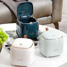 Stylish Mini Trash Can With Lid, White & Rose Gold Desktop Garbage Bin, Compact Wastebasket For Home Office, Bedroom, Living Room, Press-Type Lid Design, Elegant "Life" Lettering & Leather Handle, Space-Saving Small Trash Bin