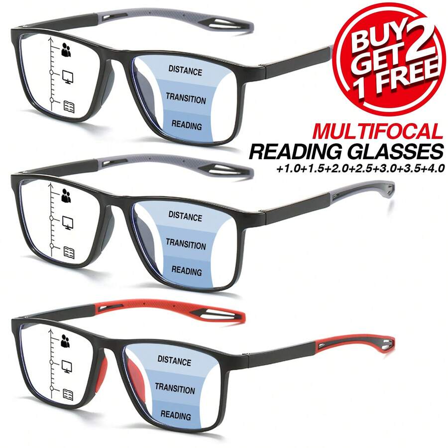 3pcs Multi-Focus Photochromic Reading Glasses, 2-In-1 Progressive Lenses For Distance & Near Vision, Flexible & Durable TR Temples, Classic Rectangular Frame, Comfortable Multifocal Readers - 2 Gray + Red - View 1