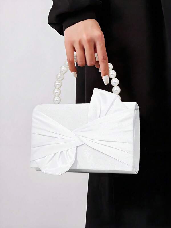 YMI STYLE Elegant Pleated Evening Bag, Bow Design, Romantic Faux Pearl Handbag, Formal Clutch Purse, Drawstring Pouch For Wedding, Party, Prom, Cocktail