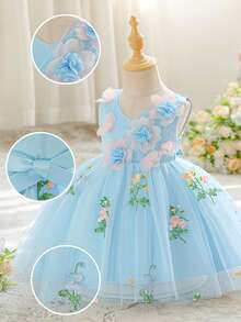 Baby Girls V-Neck 3D Floral Embroidered Mesh Princess Dress, Suitable For Birthday Party, Flower Girl, Wedding, Without Headband