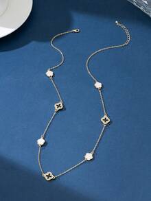 1 pieza Collar de metal dorado minimalista y versátil con trébol hueco largo para mujeres