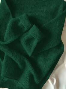 Women's Soft Green Round Neck Sweater, Vintage Fresh, Casual For Spring, Solid Color Lightweight Polyester Ribbed Long Sleeve Sweater For Spring/Autumn - Dark Green - View 3