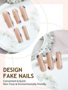 24pcs/Set Long Square Wearing Fake Nails With Peach Blossom And Tree Branch Decoration, French Art, Simple Style, Comes With 1 Nail File And 1 Jelly Glue Press On Nails Nail Supplies - 多色 2 - 查看 4