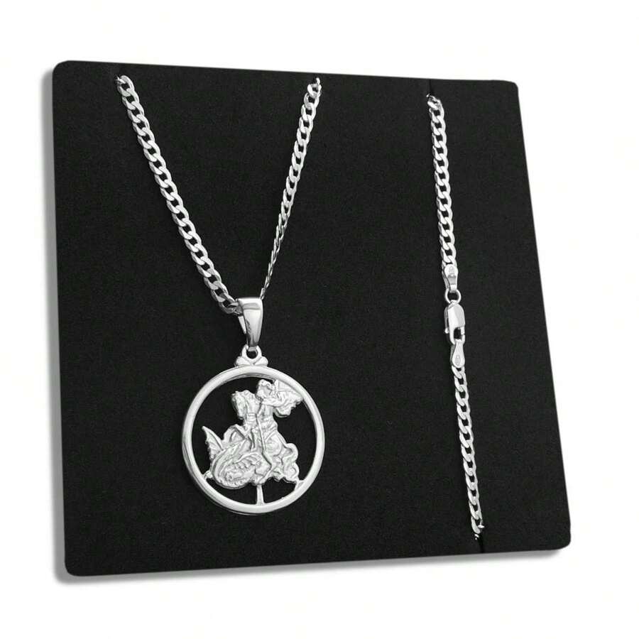 Grumet Chain And Pendant Saint George Medal 925 Sterling Silver Solid Italian Original Scaled 3mm Necklace 60cm 70cm 80cm - 銀色 - 查看 1