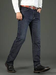 男士修身彈性水洗牛仔褲，商務和休閒日常裝扮 - 黑色 - 查看 6