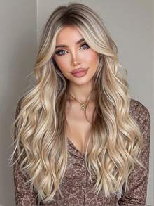 Tóc giả đen dài 24 inch, kiểu gợn sóng, dành cho nữ, tóc giả xoăn đen có mái thưa, kiểu sóng nước, làm từ sợi tổng hợp chịu nhiệt, thích hợp sử dụng hàng ngày và dự tiệc. - Ombre - Xem 2