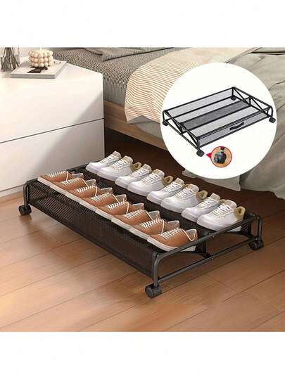 Organizador de zapatos plegable debajo de la cama con red de malla y ruedas, organizador de almacenamiento multiusos de metal junto a la cama, organizador de zapatos, estantería para zapatos debajo de la cama con ruedas giratorias de 360°, organizador de metal duradero para un fácil almacenamiento y organización de zapatos, diseño deslizante multifuncional para dormitorio, dormitorio, hogar, organizador de zapatos, estantería de organización y almacenamiento de zapatos, caja de almacenamiento multifuncional de hierro en la parte inferior de la cama, caja de almacenamiento