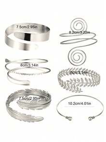 6pcs Personalized Exaggerated Leaf Bangle, Geometric Metal Arm Cuff - Silver - View 3