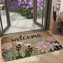 1PC Flannel Floor Spring Daisy Welcome Letter Pattern Decorative Doormat Non-Slip Floor Home Bathroom Indoor Entrance Door Kitchen Living Room Bedroom Front Door Decoration Mats Multiple Styles And Sizes - 黑色 - 查看 7