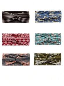 Set de 6 diademas deportivas elásticas de moda con estampado de paisley y diseño de nudo cruzado bohemio, banda para el cabello para el gimnasio, turbante, diadema para sudar, accesorios para el cabello de otoño e invierno para mujer para looks de vacaciones, pañuelo elegante para mujer