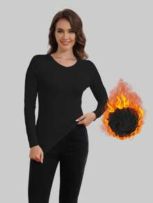 Women's Thermal Underwear V-Neck Long Sleeve Thermal Lined Autumn/Winter Base Layer Top, Warm Sleepwear - Black - View 4
