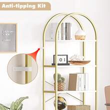 Librero de 5 Niveles con Arco, Estante de Exhibición Alto, Estructura Metálica Moderna, Repisa Grande de Madera para Recámara, Sala u Oficina, Blanco/Oro - Dorado - Ver 7