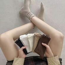 6 pares de calcetines de media caña de unicolor para mujer con ribete de volantes - Textura suave de rayas apiladas, 6 tonos neutros adecuados para atuendos casuales y formales, uso diario cómodo, diseño adorable, calcetines elegantes - Multicolor - Ver 4