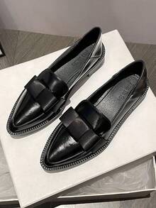 Thick Sole Slip-On Loafers With Cute Bow Tie, Retro British Style Leather Shoes, Soft Bottom Casual Shoes For Women, Preppy College/Office Wear, Suitable For Spring, Summer, Autumn, Winter, Size 34-42