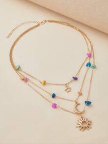 1PC Bohemian-Style Multi-Layer Gold-Tone Star-Moon Pendant Necklace Featuring Colored Stone Star-Moon Jewelry Women's Party And Gathering Jewelry