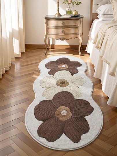 DAJIANG 1pc Soft Plush Floral Mat - Comfortable Brown And Beige Floral Pattern, Non-Slip Long Runner Mat For Bedroom Or Living Room, Machine Washable, High Pile Home Decor, Bedroom Floor Decor | Asymmetric Shaped Mat | Faux Wool Feel, Living Room Carpet, Festival Decor Room, Entryway Rug, Runner Rug, Autumn, Winter, Bedroom Decoration, Autumn Decor, Carpet, Halloween, Thanksgiving Decoration Christmas Decor Kitchen Rug