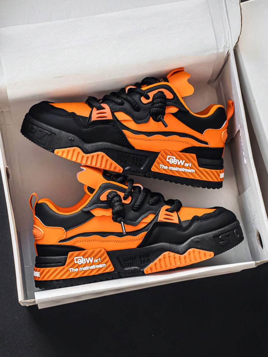 Men's New Versatile Niche Original Casual Sneakers, Thick Sole Anti-Slip Athletic Shoes, Random Graffiti Pattern - Orange - View 1