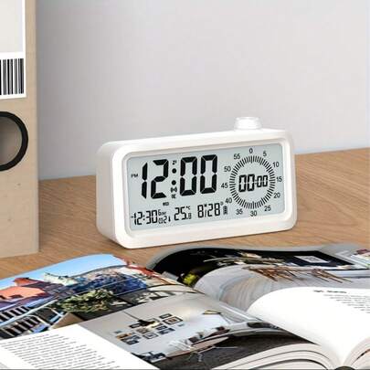 [数字 LED 闹钟] 1 件数字 LED 闹钟带日历、温度计和计时器 - 电池供电，适用于床边、书桌和旅行