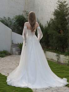 YOUKEFEIER Women's Off Shoulder Sexy Deep V Lace Embroidery With Beads Long Wedding Dress