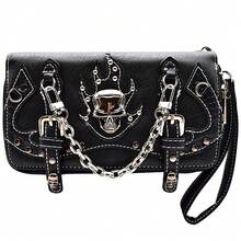 Punk Gothic Skull Leather Clutch With Card Slots And Coin Pouch For Women Wallet Purse Studs Chain Rivet Buckle Wristlet Wallet Long Wallet With Multi-Functional Large Capacity - Black - View 5