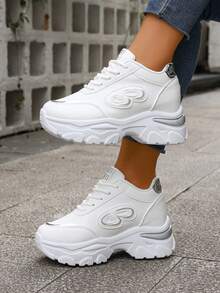 Plus Size Women's 35-42 Spring/Autumn New Chunky Sneakers, Mesh Breathable Platform High-Top Casual Shoes, Lightweight Versatile Fashion Sneakers, Lace-Up, White, Gold, Silver, Green, Casual Running Shoes