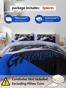 Bộ chăn ga gối đệm tay cầm chơi game chắp vá 3 món màu xanh-đen-xám/đỏ-đen-xám, bao gồm 1 vỏ chăn và 2 vỏ gối, vải sợi nhỏ mềm mại, thích hợp cho phòng ngủ, ký túc xá (trai/gái) hoặc khi đi du lịch - Nhiều màu - Xem 2