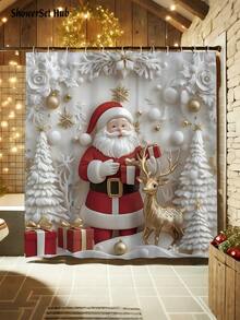1/3/4pcs Merry Christmas Winter Decorations Shower Curtain Set Santa Tree Ball Faux 3D Cute Red Golden White Shower Curtain Bathroom Set, Minimalist Cartoon Waterproof And Wear-Resistant Accessories,With 12 Hooks - Includes Toilet Seat Cover, Bath Mats, And Rugs - Non-Slip Polyester Fabric - Washable - Perfect For Holiday Decor,Home/Bedroom/House/Western Decor