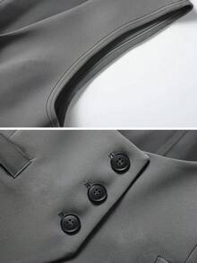 女式休闲轻便通勤衬衫，搭配修身单排扣无袖西装外套 - 灰色 - 查看 5
