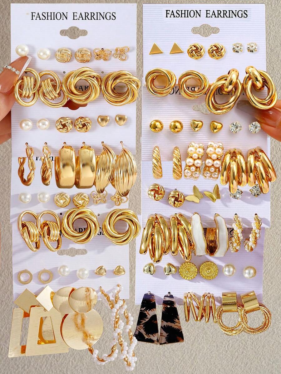 10/22/44/46pcs Fashionable & Elegant Butterfly, Heart, Rhinestone & Faux Pearl Geometric Design Earring Set For Women, Suitable For Vacation, Date, Party, Christmas, Birthday, Daily Wear