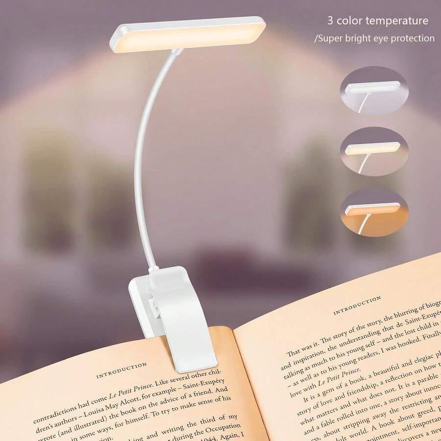 1pc 12 LED White Eye-Care Rechargeable Clip-On Book Light, Super Bright Dimmable 3 Color Temperatures Portable Clip Lamp, Suitable For Bedside Reading, Dorm Study, Gift For Book Lovers, Students, Friends - White Horizontal Style - View 1