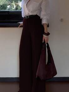 DONICY Damen Herbst- und Winterbekleidung Unterteil, einfarbige Hose mit hoher Taille, Taschen und geradem weitem Bein, modisch, retro, elegant, vielseitig, passend für Alltag, Büro, Dates, Ausstellungen