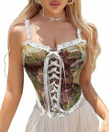 Womens Vintage 1920s Renaissance Lace Trim Corset Bustier, Retro Fashion - Floral - View 5