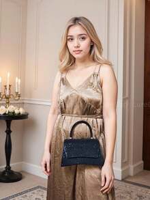 [Bolso cuadrado pequeño con brillo] Bolso cuadrado pequeño elegante y sofisticado - Adornos de strass y perlas falsas, diseño brillante | Perfecto para vestir de noche | Para llevar al hombro o en la mano | Agrega elegancia a los atuendos