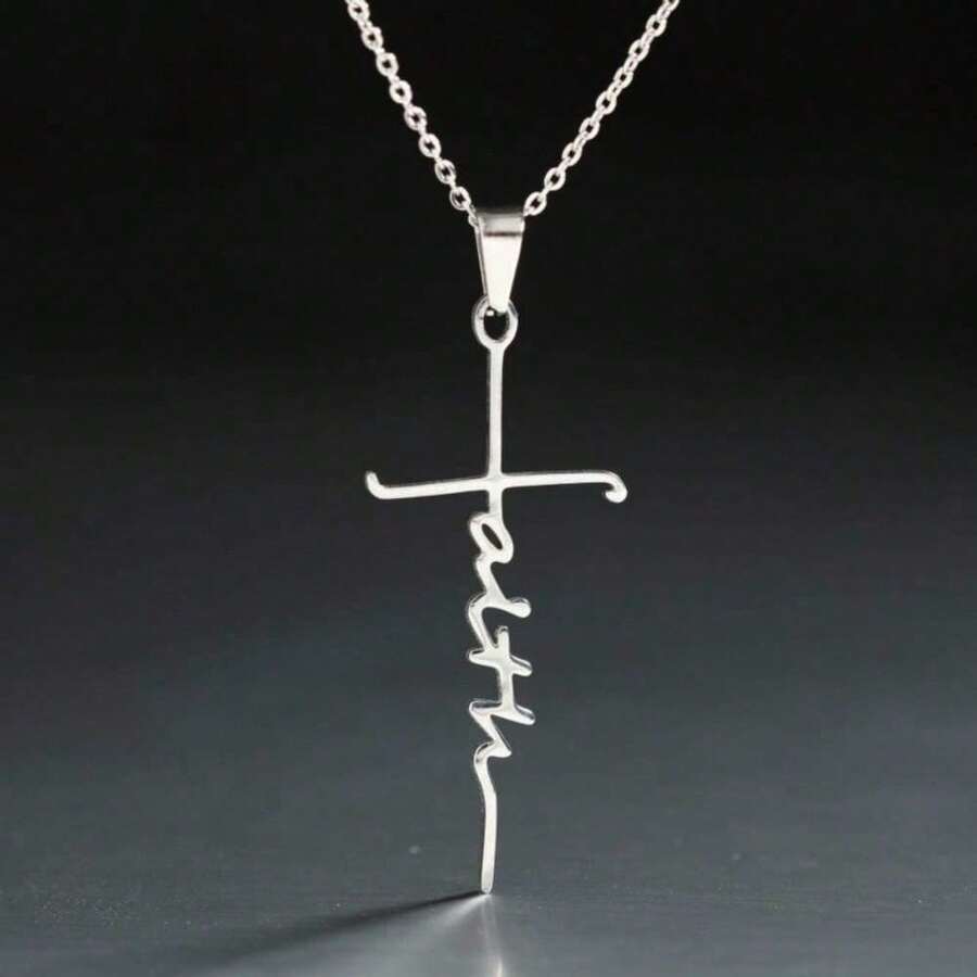 1 New Stainless Steel Christian Cross Word Of Faith Church Prayer Religious Pendant Necklace - Silver - View 1