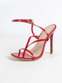 女士时尚高跟鞋，金属PU皮平底凉鞋，露趾凉鞋，人字拖凉鞋，金属方头凉鞋，银色电镀高跟凉鞋，细跟凉鞋，夏季户外及日常凉鞋，女士银色凉鞋，细高跟鞋 - 紅色 - 查看 12