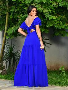 Long Off-The-Shoulder Dress With Ruffles, V-Neckline, Elegant, Charming Sleeves - Royal Blue - View 3