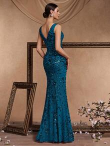 BluePlum Đầm dạ hội cao cấp, sang trọng, co giãn, đính sequin, cổ chữ V, xẻ cao, đuôi cá, thiết kế hở lưng tinh tế, phù hợp cho tiệc cocktail, đám cưới, các dịp trang trọng, đầm dành cho mẹ cô dâu (đính kết rất cầu kỳ) mùa xuân - Màu xanh ngọc - Xem 3