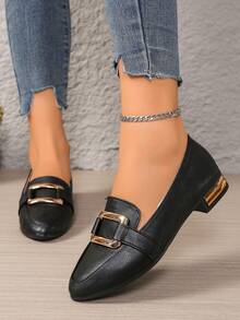 女式学院风商务按扣纯金属休闲舒适平底乐福鞋，黑色 - 黑色 - 查看 4