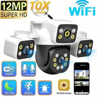 Outdoor 6K 12MP WiFi IP Camera Three Lens 10X Zoom Waterproof Auto Tracking PTZ Security CCTV Video Surveillance IPC360Home APP