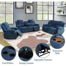 Reclining Living Room Furniture Set, Linen Fabric Recliner Couch Set, Manual Reclining Sofa And Loveseat With Recliner Chair Blue, Sofa+Loveseat+Chair