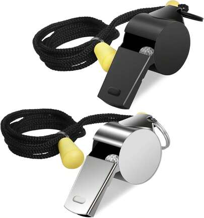 GeeRic Silbato Deportivo de Acero Inoxidable con Cordón, 2pcs Silbato Deportivo con Sonido Fuerte y Nítido para Árbitros Campismo y Supervivencia Silbato de Emergencia
